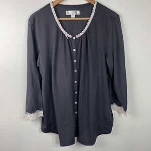 Eileen West  Two Piece Lace Trim Button Down Pajama Set  Dark Gray  Size Medium